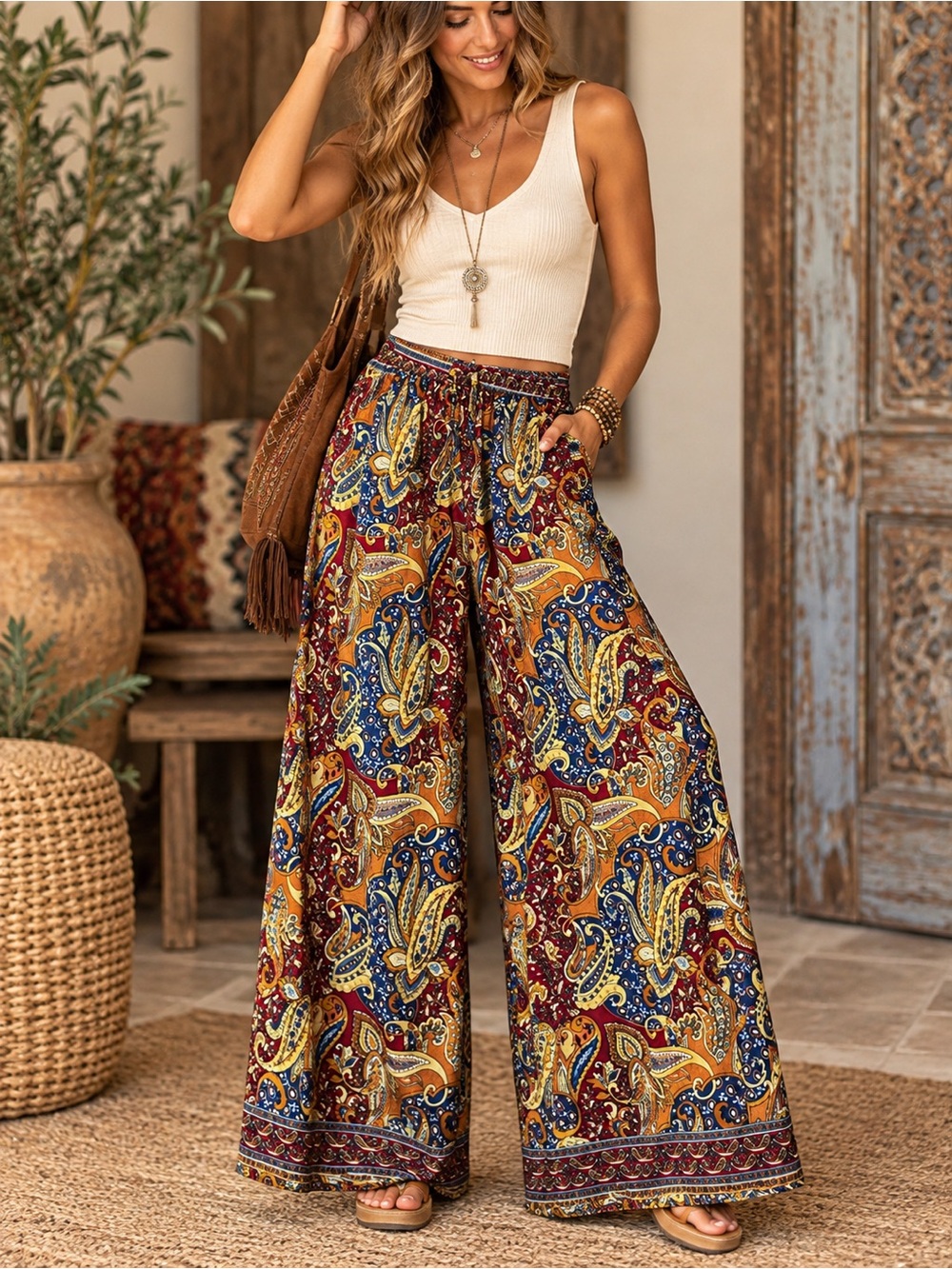 Lakhays S/M Silk Blend Paisley Palazzo Pants Boho Wide Leg Drawstring